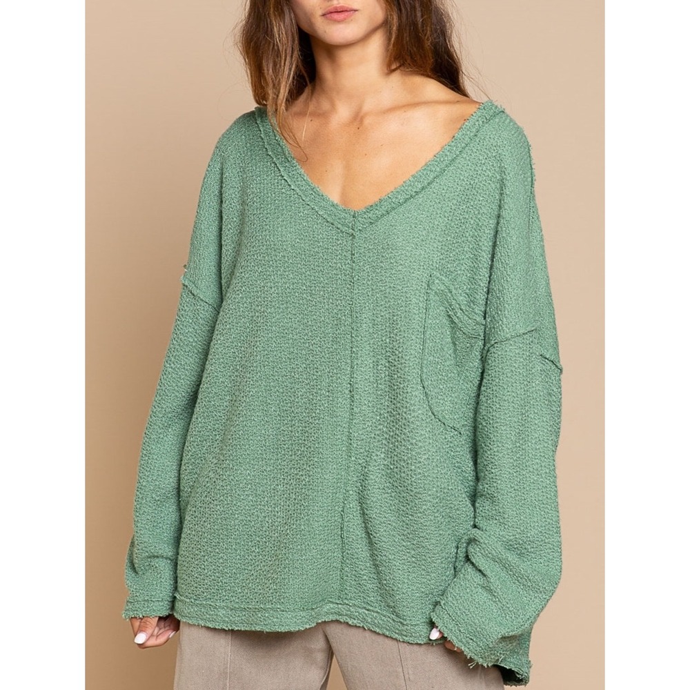 POL Womens Oversized V-Neck Knit Sweater Sage Green Textured Pocket Terrycloth L